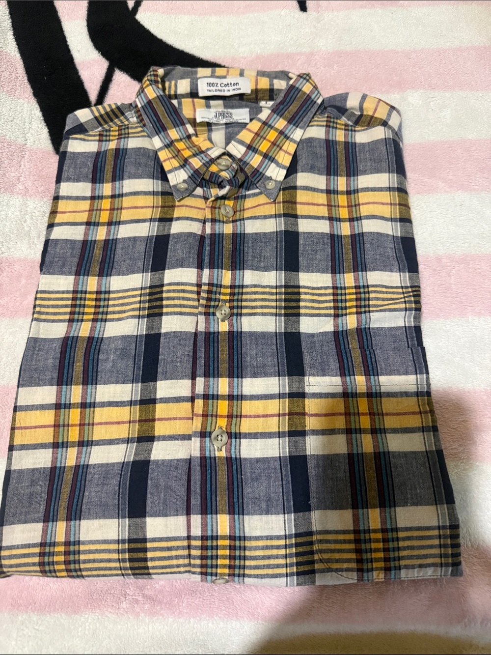 J Press - 100% cotton’s Men Plaid Button-Down Shirt in Yellow and Navy size L